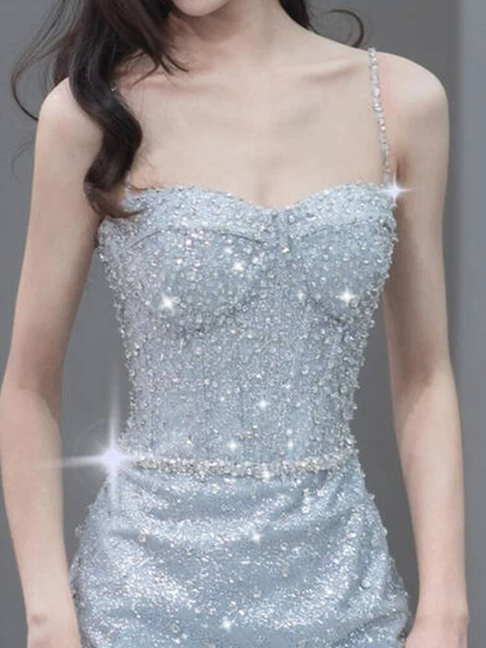 Modest Mermaid Spaghetti Straps Light Sky Blue Prom Dresses Sequin Party Dress Birthday Outfits Graduation Dress AU400