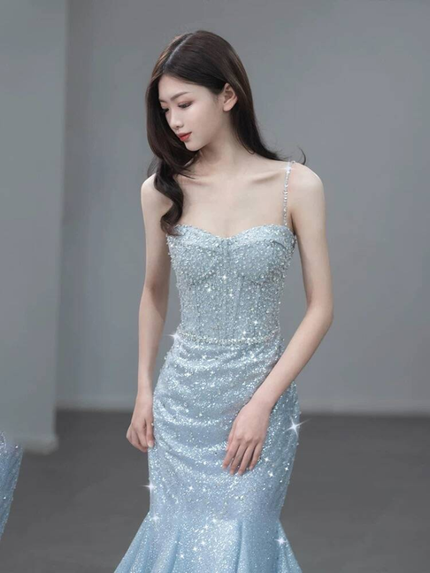 Modest Mermaid Spaghetti Straps Light Sky Blue Prom Dresses Sequin Party Dress Birthday Outfits Graduation Dress AU400