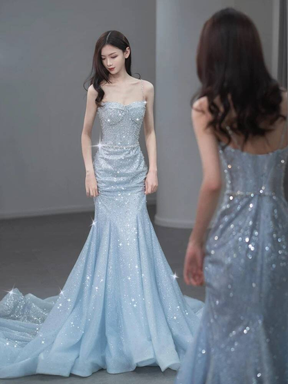 Modest Mermaid Spaghetti Straps Light Sky Blue Prom Dresses Sequin Party Dress Birthday Outfits Graduation Dress AU400