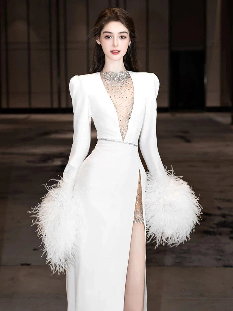 Sexy Sheath V Neck Long Sleeves White Satin With Silver Beads Gem Feathers Long Bride Dress Long Bride Dress Classy Wedding Dresses AU400