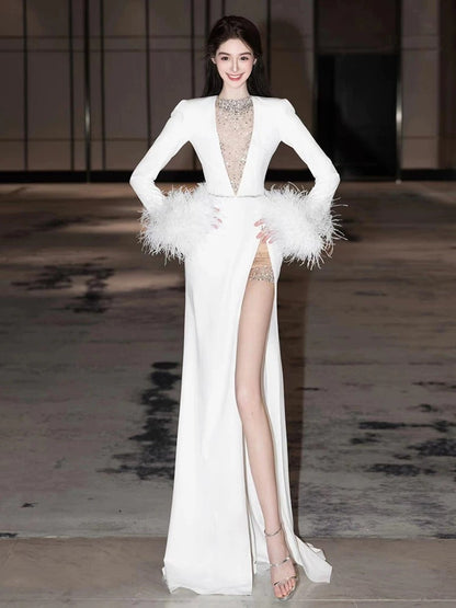 Sexy Sheath V Neck Long Sleeves White Satin With Silver Beads Gem Feathers Long Bride Dress Long Bride Dress Classy Wedding Dresses AU400