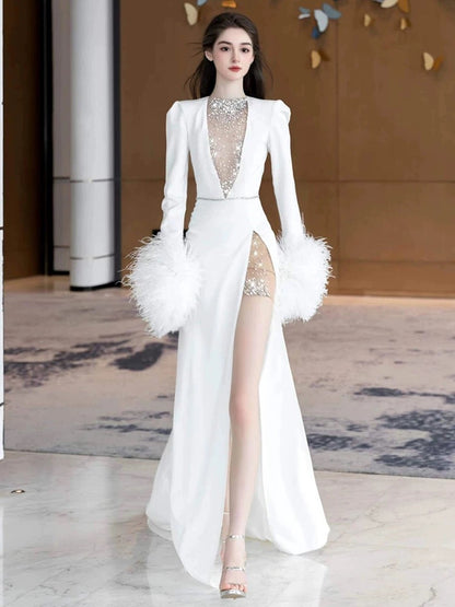 Sexy Sheath V Neck Long Sleeves White Satin With Silver Beads Gem Feathers Long Bride Dress Long Bride Dress Classy Wedding Dresses AU400