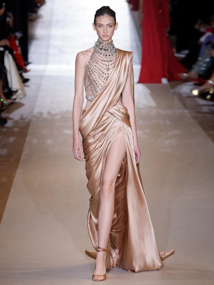 Gorgeous Mermaid One Shoulder Champagne High Neck With Beads Pleated Long Prom Dresses Formal Evening Gowns AU401