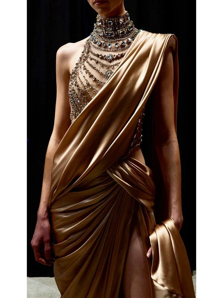 Gorgeous Mermaid One Shoulder Champagne High Neck With Beads Pleated Long Prom Dresses Formal Evening Gowns AU401