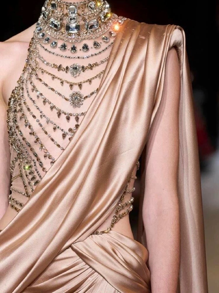 Gorgeous Mermaid One Shoulder Champagne High Neck With Beads Pleated Long Prom Dresses Formal Evening Gowns AU401