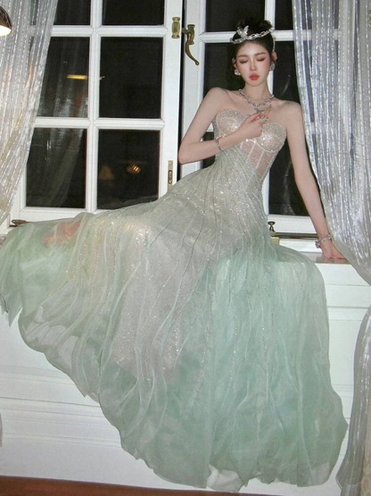 Sparkly Sheath Strapless Mint Green Sequin Prom Dresses Party Dress 17th Birthday Outfits Graduation Dress AU402