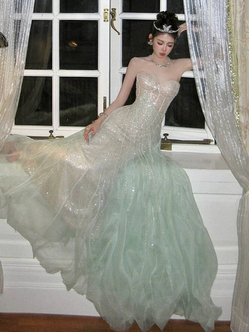 Sparkly Sheath Strapless Mint Green Sequin Prom Dresses Party Dress 17th Birthday Outfits Graduation Dress AU402
