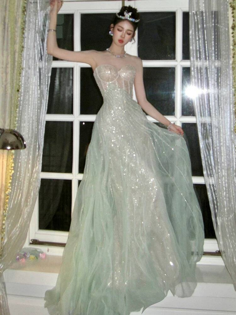 Sparkly Sheath Strapless Mint Green Sequin Prom Dresses Party Dress 17th Birthday Outfits Graduation Dress AU402