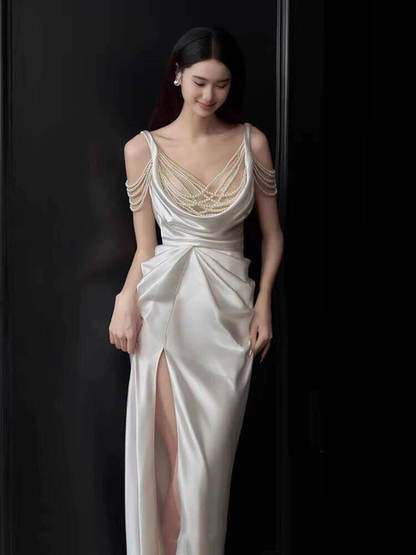 Modest Mermaid Spaghetti Straps Satin Slit White Wedding Dress Fairytale Wedding Dresses AU403