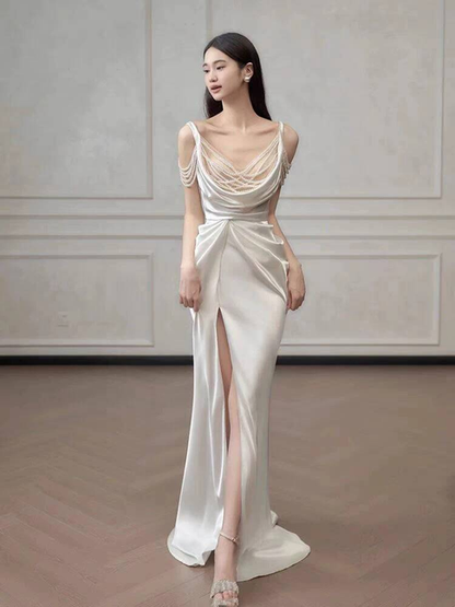 Modest Mermaid Spaghetti Straps Satin Slit White Wedding Dress Fairytale Wedding Dresses AU403