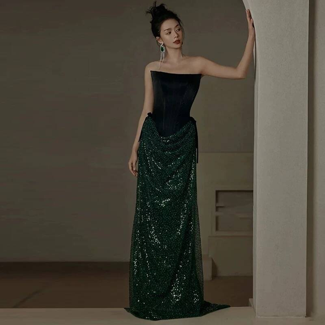 Glitzerndes, trägerloses, dunkelgrünes Pailletten-Abschlussballkleid, Partykleid zum 17. Geburtstag, Outfits, Abschlusskleid AU404