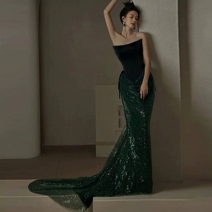 Glitzerndes, trägerloses, dunkelgrünes Pailletten-Abschlussballkleid, Partykleid zum 17. Geburtstag, Outfits, Abschlusskleid AU404