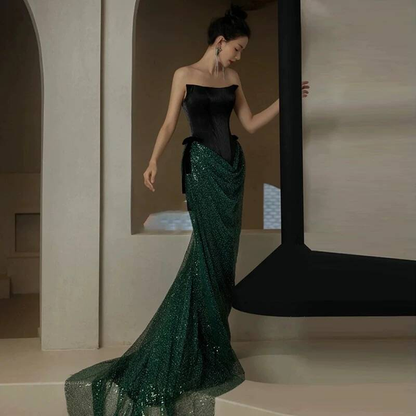 Glitzerndes, trägerloses, dunkelgrünes Pailletten-Abschlussballkleid, Partykleid zum 17. Geburtstag, Outfits, Abschlusskleid AU404