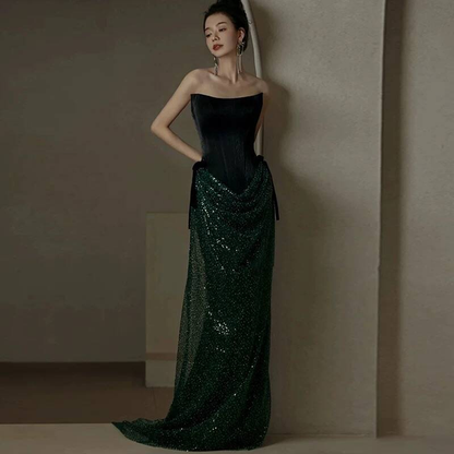 Glitzerndes, trägerloses, dunkelgrünes Pailletten-Abschlussballkleid, Partykleid zum 17. Geburtstag, Outfits, Abschlusskleid AU404
