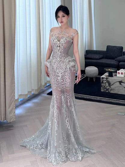 Robe de bal longue sirène modeste à col rond, ornée de sequins argentés et de perles, pour adolescentes, AU404