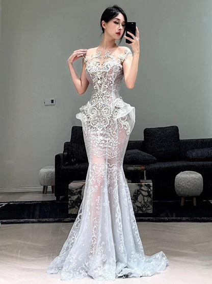 Robe de bal longue sirène modeste à col rond, ornée de sequins argentés et de perles, pour adolescentes, AU404