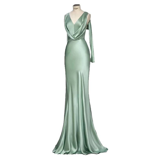 Modest Mermaid V Neck Sage Green Satin Prom Dresses Sequin Party Dress Birthday Outfits Graduation Dress AU405