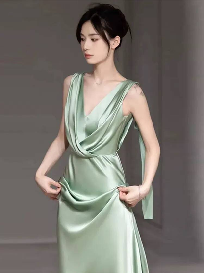 Modest Mermaid V Neck Sage Green Satin Prom Dresses Sequin Party Dress Birthday Outfits Graduation Dress AU405
