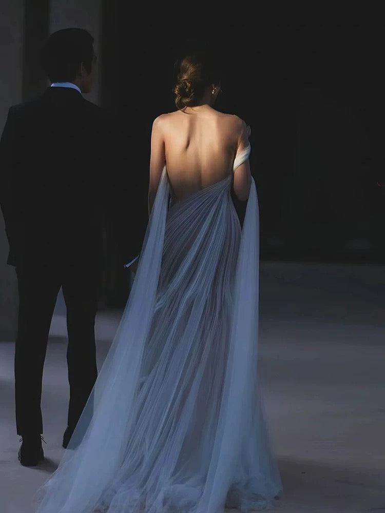 Sexy Mermaid Scoop Neck Backless Tulle Sleeveless White Wedding Dress French Brides Dresses Fairytale Wedding Gown AU354