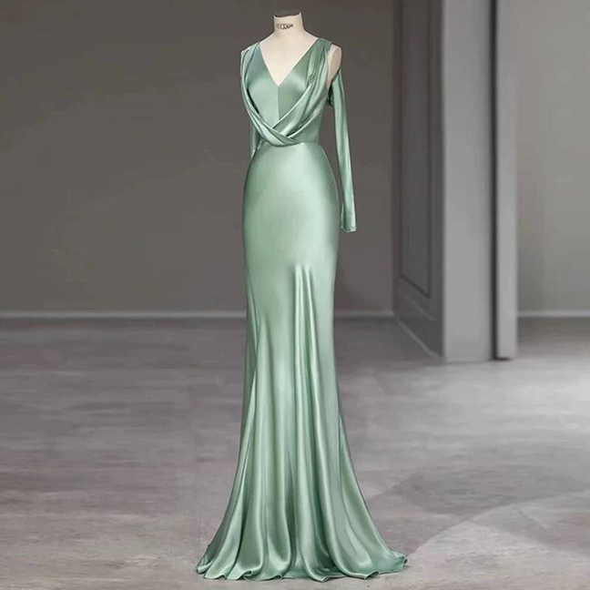 Modest Mermaid V Neck Sage Green Satin Prom Dresses Sequin Party Dress Birthday Outfits Graduation Dress AU405