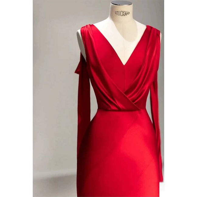 Simple Mermaid V Neck Red Satin Prom Dresses Party Dress Birthday Outfits Graduation Dress AU406