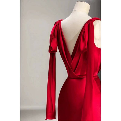 Simple Mermaid V Neck Red Satin Prom Dresses Party Dress Birthday Outfits Graduation Dress AU406