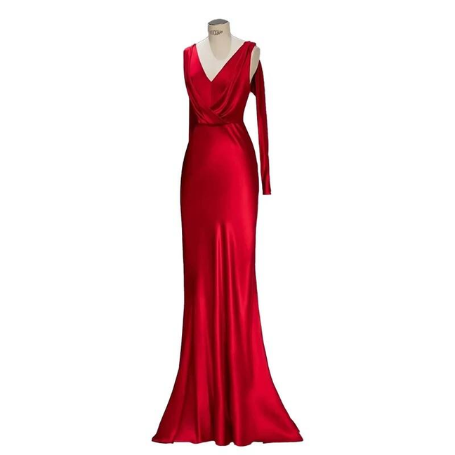 Simple Mermaid V Neck Red Satin Prom Dresses Party Dress Birthday Outfits Graduation Dress AU406