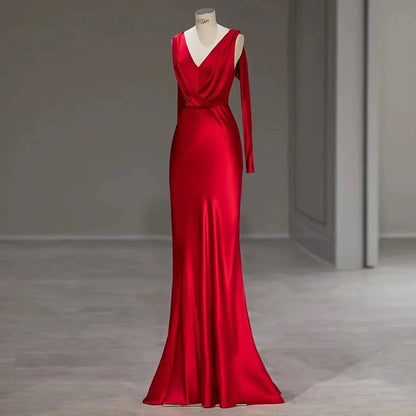 Simple Mermaid V Neck Red Satin Prom Dresses Party Dress Birthday Outfits Graduation Dress AU406