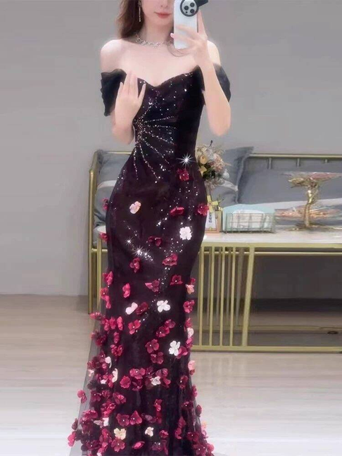 Robe de bal longue en tulle noir, style sirène, épaules dénudées, style inspiration, robe de soirée formelle, AU408