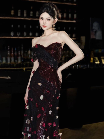 Robe de bal longue en tulle noir, style sirène, épaules dénudées, style inspiration, robe de soirée formelle, AU408