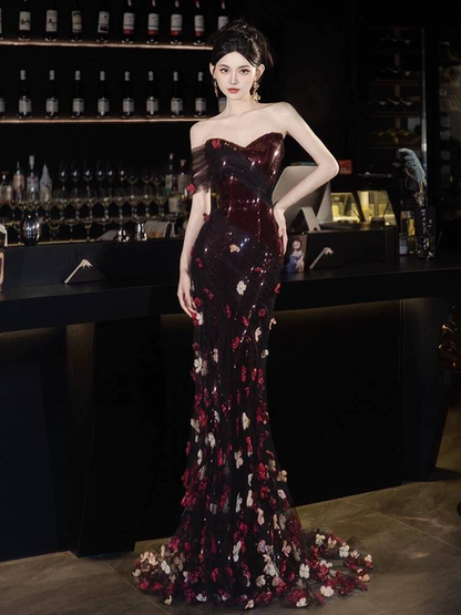 Robe de bal longue en tulle noir, style sirène, épaules dénudées, style inspiration, robe de soirée formelle, AU408
