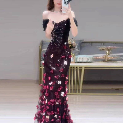 Robe de bal longue en tulle noir, style sirène, épaules dénudées, style inspiration, robe de soirée formelle, AU408