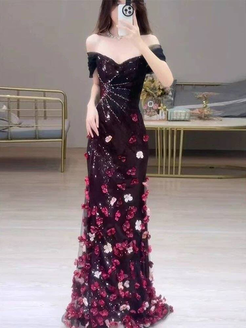 Robe de bal longue en tulle noir, style sirène, épaules dénudées, style inspiration, robe de soirée formelle, AU408