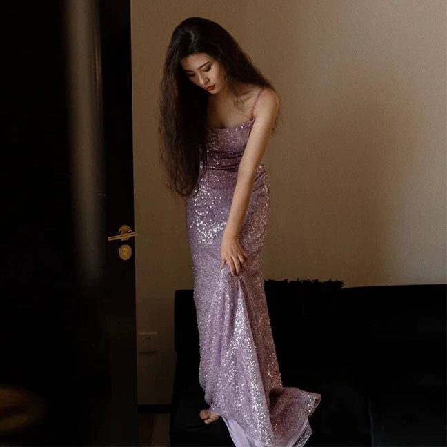 Sexy Mermaid Spaghetti Straps Lilac Sequin Prom Dresses Party Dress 21st Birthday Outfits Graduation Dress AU409