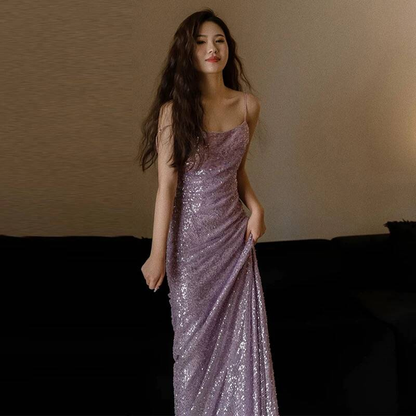 Sexy Mermaid Spaghetti Straps Lilac Sequin Prom Dresses Party Dress 21st Birthday Outfits Graduation Dress AU409