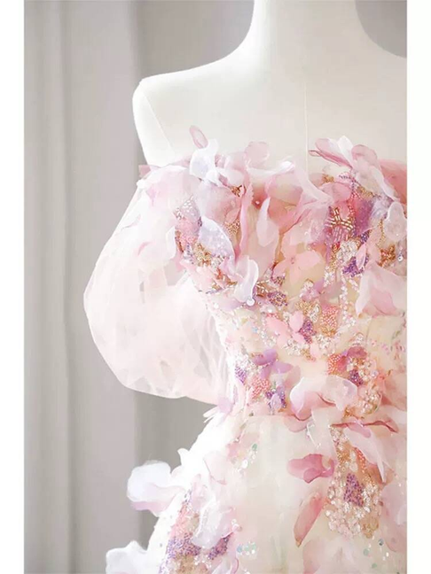 Modest Ball Gown Off The Shoulder Pink Sequin Flowers Long Prom Dress Inspiration Party Formal Gown Prom Dresses AU410