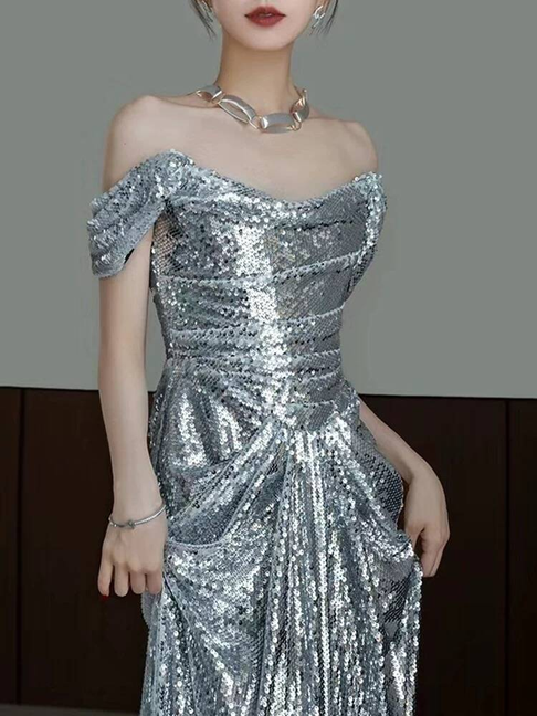 Robe de bal sirène à épaules dénudées et paillettes argentées, tenue de soirée pour 20e anniversaire, robe de remise de diplôme, AU411