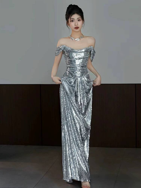 Robe de bal sirène à épaules dénudées et paillettes argentées, tenue de soirée pour 20e anniversaire, robe de remise de diplôme, AU411