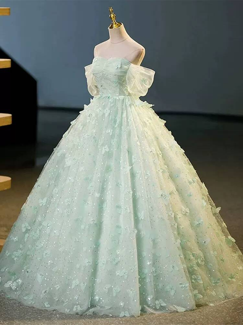 Edles Ballkleid aus schulterfreiem Mintgrün-Tüll-Abschlussballkleid Partykleid zum 21. Geburtstag Outfits Abschlusskleid AU412