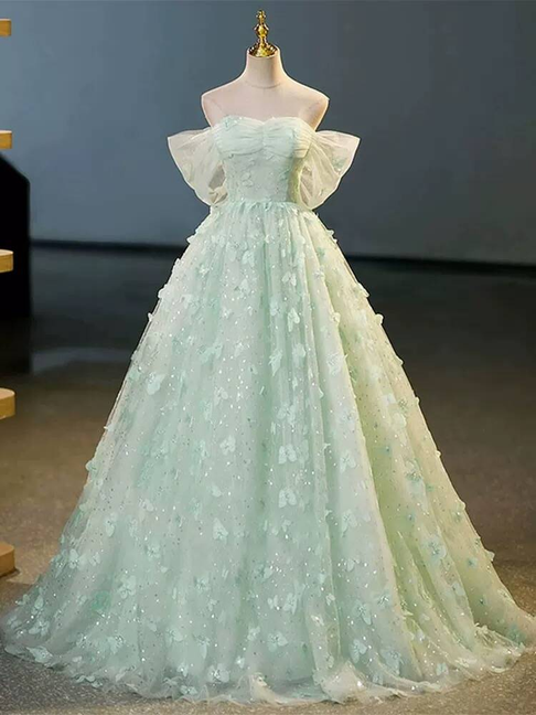 Edles Ballkleid aus schulterfreiem Mintgrün-Tüll-Abschlussballkleid Partykleid zum 21. Geburtstag Outfits Abschlusskleid AU412