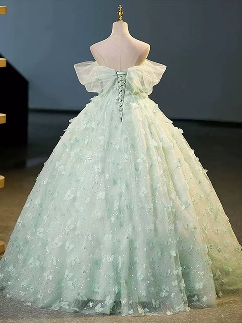 Edles Ballkleid aus schulterfreiem Mintgrün-Tüll-Abschlussballkleid Partykleid zum 21. Geburtstag Outfits Abschlusskleid AU412
