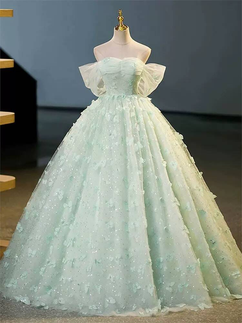 Classy Ball Gown Off The Shoulder Mint Green Tulle Prom Dresses Party Dress 21st Birthday Outfits Senior Graduation Dress AU412