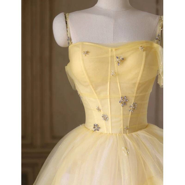 Zeitloses Ballkleid mit Spaghettiträgern, gelbem Tüll, langes Party-Abschlussballkleid, formelles Abschlussballkleid, AU414