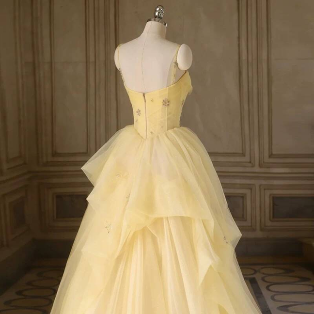 Zeitloses Ballkleid mit Spaghettiträgern, gelbem Tüll, langes Party-Abschlussballkleid, formelles Abschlussballkleid, AU414