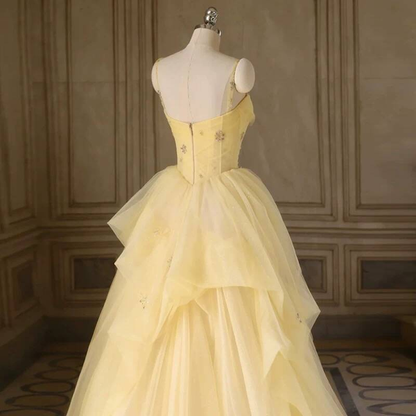 Zeitloses Ballkleid mit Spaghettiträgern, gelbem Tüll, langes Party-Abschlussballkleid, formelles Abschlussballkleid, AU414