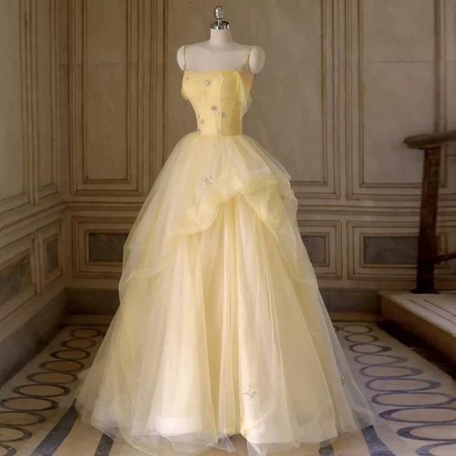 Zeitloses Ballkleid mit Spaghettiträgern, gelbem Tüll, langes Party-Abschlussballkleid, formelles Abschlussballkleid, AU414