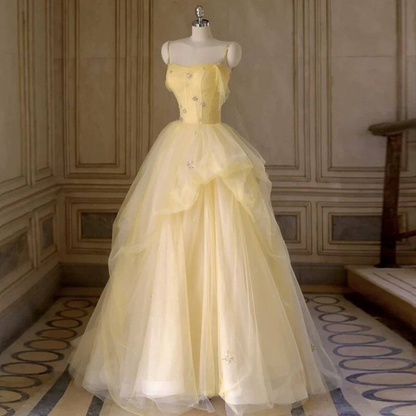 Zeitloses Ballkleid mit Spaghettiträgern, gelbem Tüll, langes Party-Abschlussballkleid, formelles Abschlussballkleid, AU414
