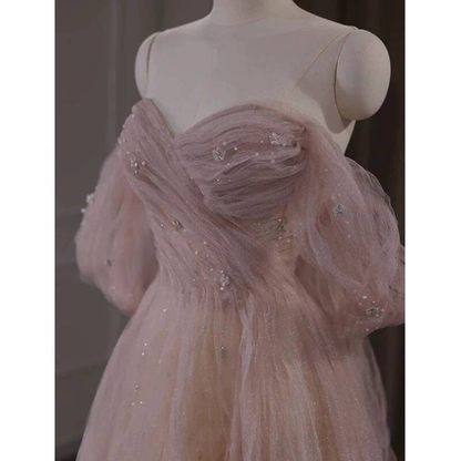 Classy A Line Off The Shoulder Blush Pink Tulle Prom Dresses Party Dress 21st Birthday Outfits Senior Graduation Dress AU419