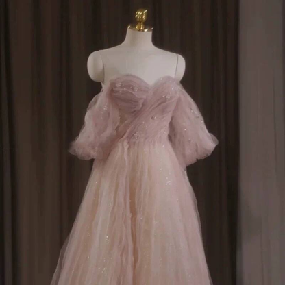 Classy A Line Off The Shoulder Blush Pink Tulle Prom Dresses Party Dress 21st Birthday Outfits Senior Graduation Dress AU419