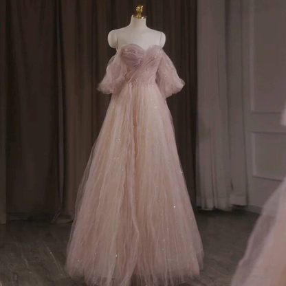 Classy A Line Off The Shoulder Blush Pink Tulle Prom Dresses Party Dress 21st Birthday Outfits Senior Graduation Dress AU419